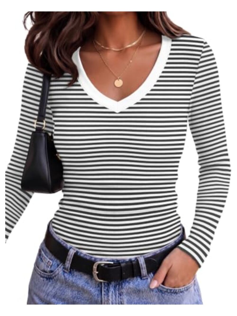 V Neck Ribbed Slim Fit Long Sleeve Top Basic Tee Women